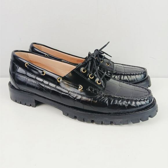 J.Crew SZ 8.5 Winola Lug Sole Boat Shoes In Croc Embossed Leather Runs Small - Picture 2 of 8